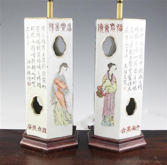 A pair of Chinese famille rose hat stands, c.1880-1910, height 27.5cm excluding late lamp fittings